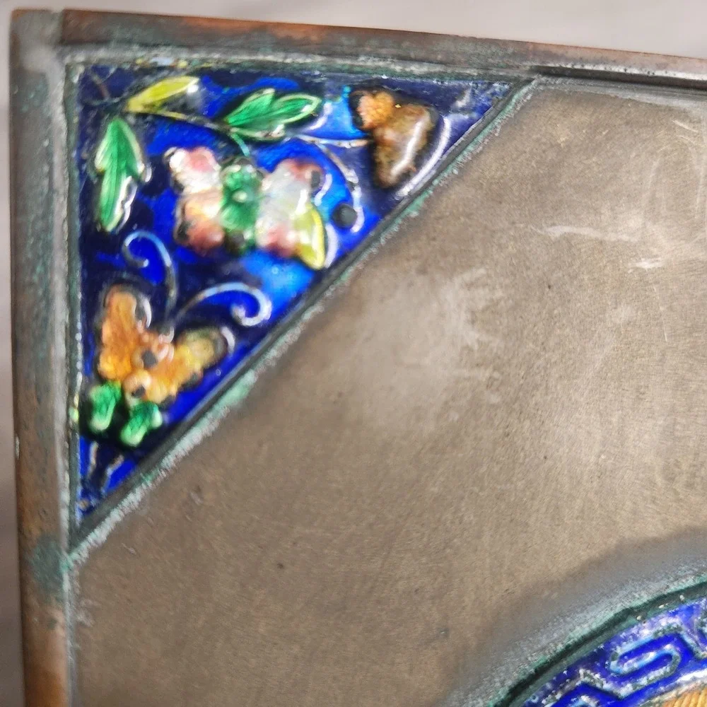 Antique Chinese Cloisonne Enamel Brass Brush Pot‎ Vase Figure Scene Butterfly